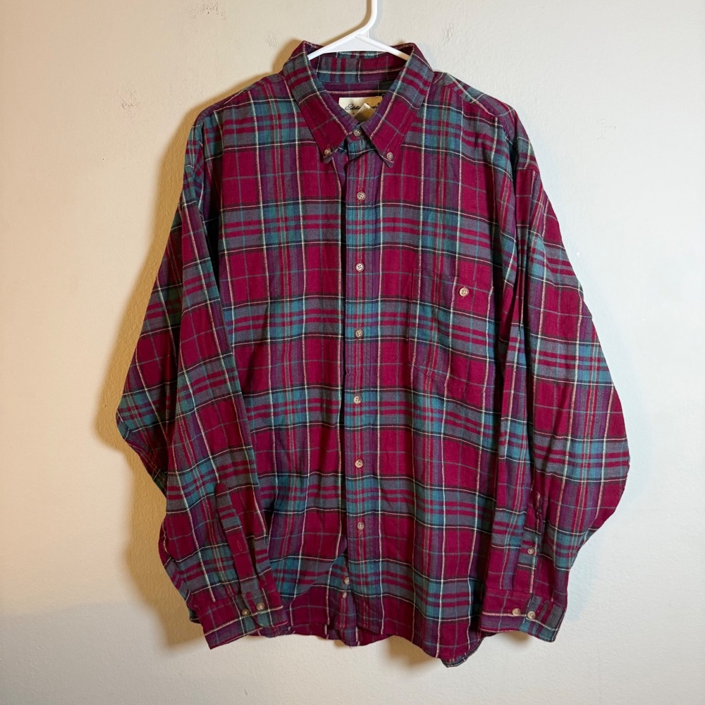 Eddie Bauer Mens XL Flannel Shirt Burgundy Teal Plaid Long Sleeve Button Down‎